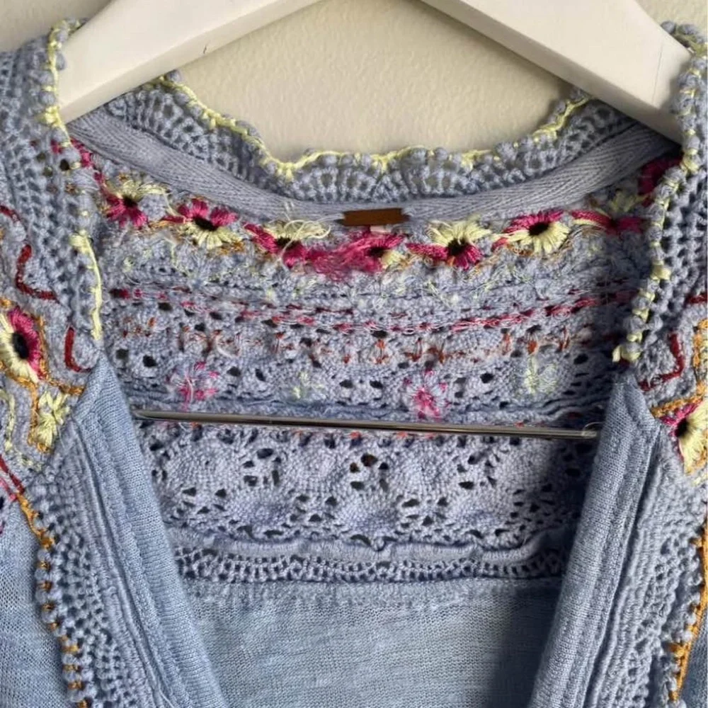 Free People Spring Fiesta Siesta Blue Blouse with Bohemian Embroidery - Picture 5 of 7